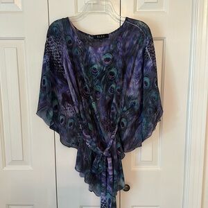 B.L.E.U. Blouse, blue, green, purple peacock pattern, L, with removable belt
